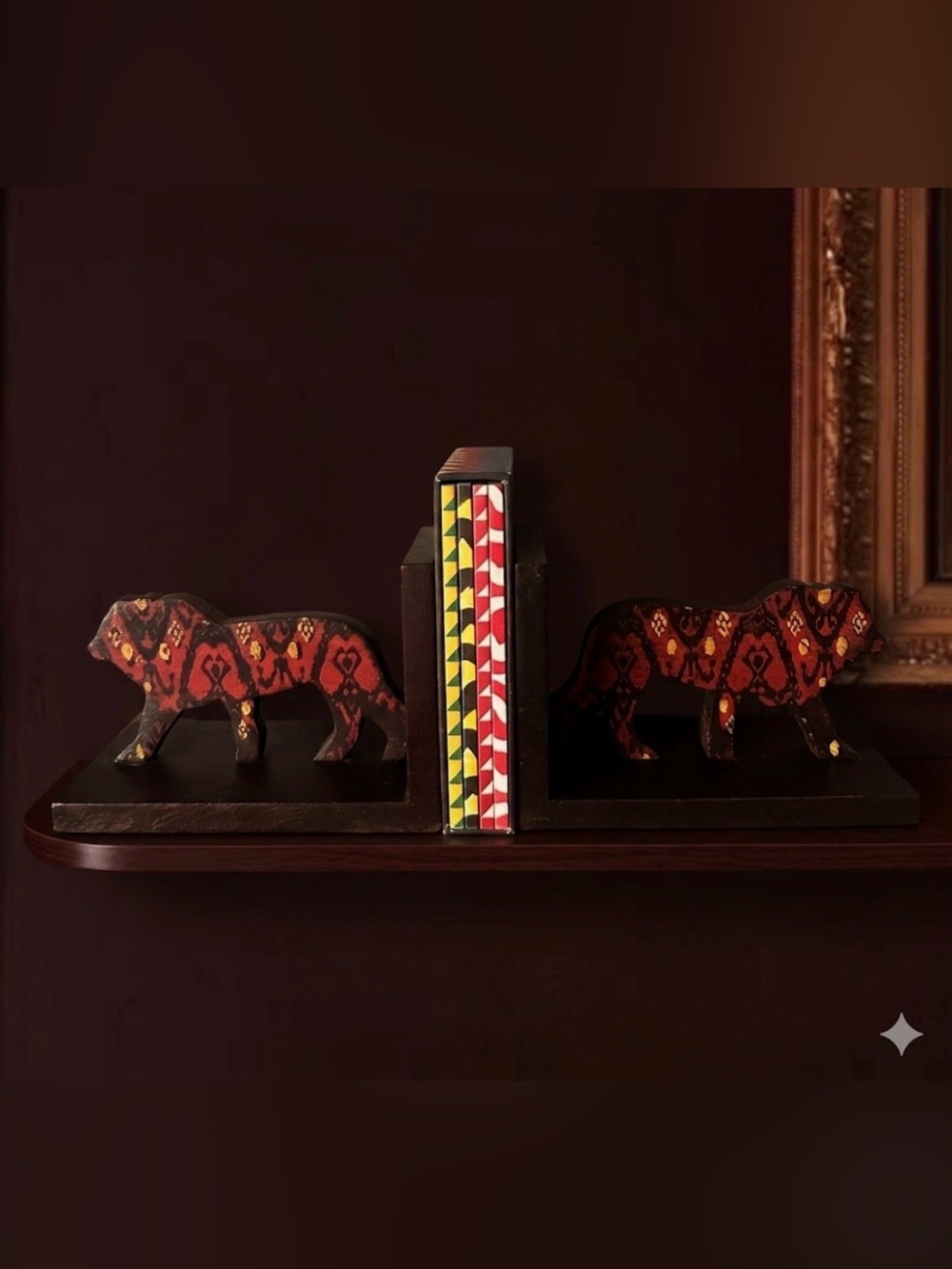 Bookends‎ Painted Carved Wood Ikat Lions